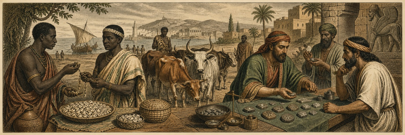 Engraved panorama showing livestock used as wealth