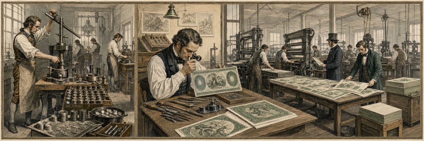 Engraved panorama of Civil War notes and federal currency production