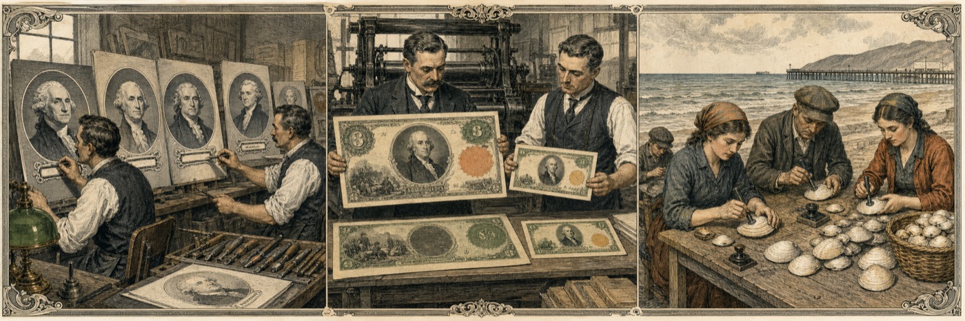 Engraved panorama of named banknote portraits and changing note proportions