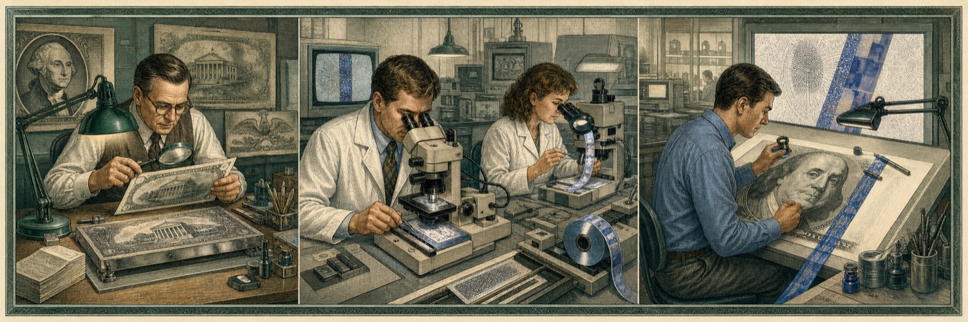 Engraved panorama of magnified microprinting and an embedded security thread