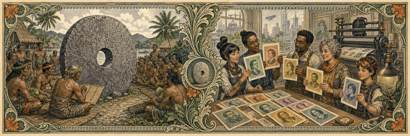 Engraved panorama of Yap rai stones and fictional future personalized notes