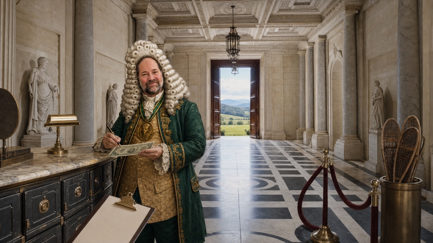 Wallace Cashington at a cash-box reception desk in a grand classical hall with Vermont mountains beyond the entrance